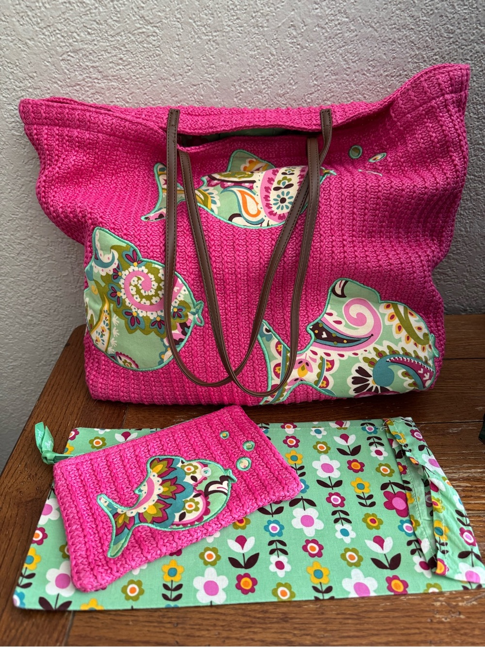2Pc. Vera Bradley Tutti Frutti Pink Fish Seashore Tote Carryall Bag & Coin Pouch